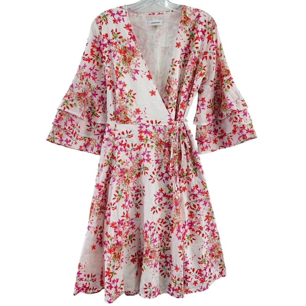 Calvin Klein Floral Wrap Dress - Pink and White